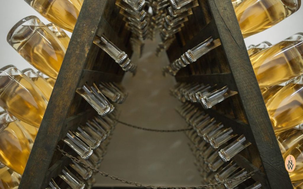 Hefelager. Schaumweinflaschen lagern im Rüttelpult auf der Hefe. 