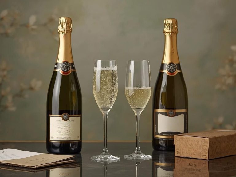 Zwei Flaschen Champagner mit Gläsern und einer Geschenkbox auf einem eleganten Tisch.