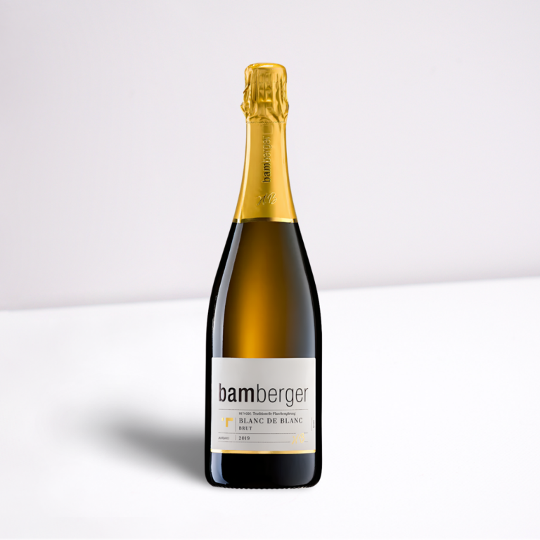 Bamberger Pinot Rosé Sekt Schwarze Sektflasche mit goldenem Korken und grauem Etikett. Bamberger Pinot Rosé Sekt!
