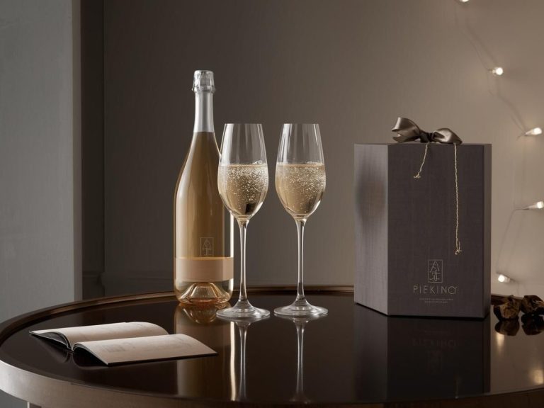 Sektflasche mit zwei Gläsern auf einem Tisch, daneben eine elegante Geschenkverpackung.