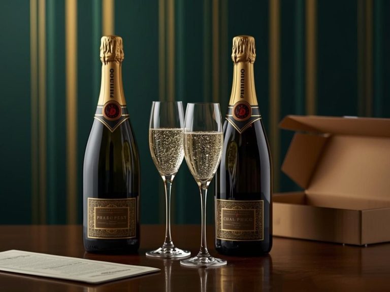 Zwei Flaschen Sekt, zwei Gläser und eine braune Geschenkbox auf einem Tisch.