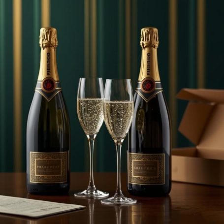 Zwei Gläser Sekt neben zwei Flaschen Champagner auf einem Holztisch.