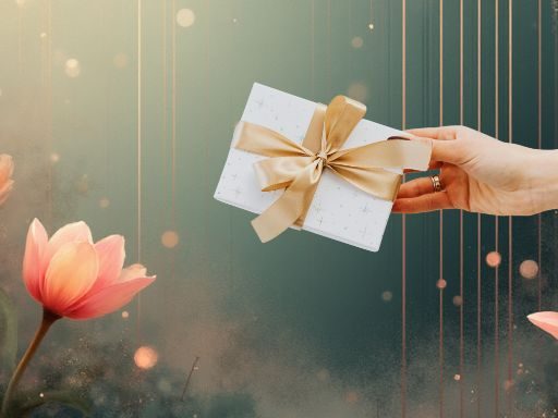 Gutschein digital Eine Hand reicht ein Geschenk Gutschein neben einer Blüte in sanften Farben.