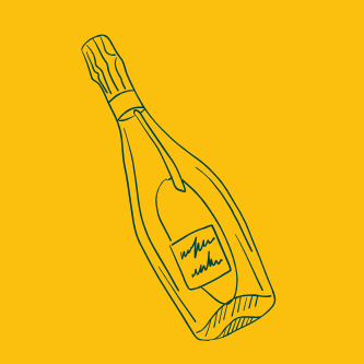 Sektflasche Traditionelle Flaschengärung Eine skizzierte Flasche Sekt auf gelbem Hintergrund.