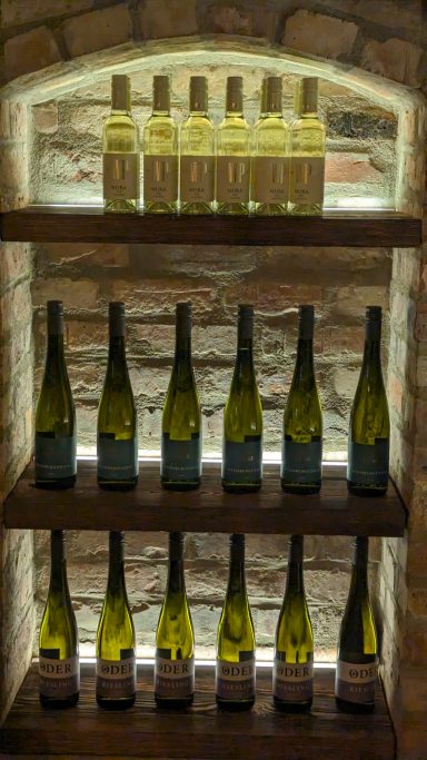 Regalierte Weinflaschen in einem Steinkeller auf Holzregalen.