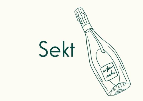 Grüne Zeichnung einer Sektflasche mit dem Text "Sekt" daneben.